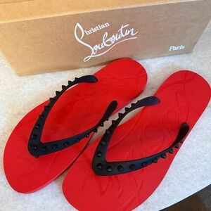 CHRISTIAN LOUBOUTIN 1201016 Mens Loubi Spiked Red/Back Rubber Flip Flops, 45